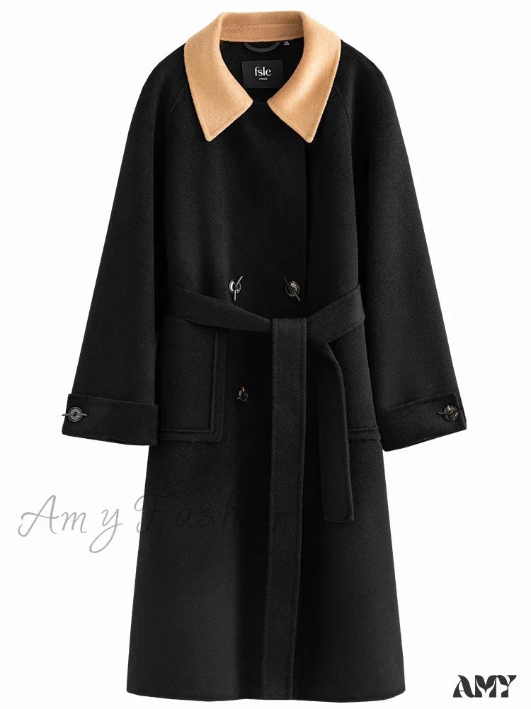 Korean Style Colorblock Lapel Double-Sided Elegant Wind Mid-Length Coat