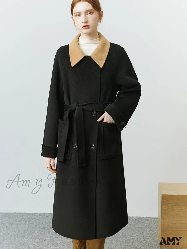 Korean Style Colorblock Lapel Double-Sided Elegant Wind Mid-Length Coat