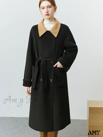 Korean Style Colorblock Lapel Double-Sided Elegant Wind Mid-Length Coat