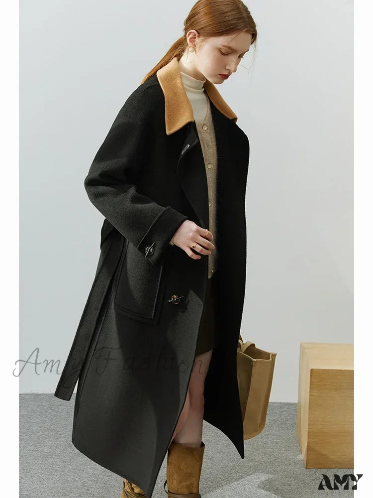 Korean Style Colorblock Lapel Double-Sided Elegant Wind Mid-Length Coat Black / S