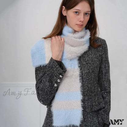 Korean Style Soft Warm Stripe Knitted Scarf For Autumn/Winter Blue And Beige / L173Cm W14Cm