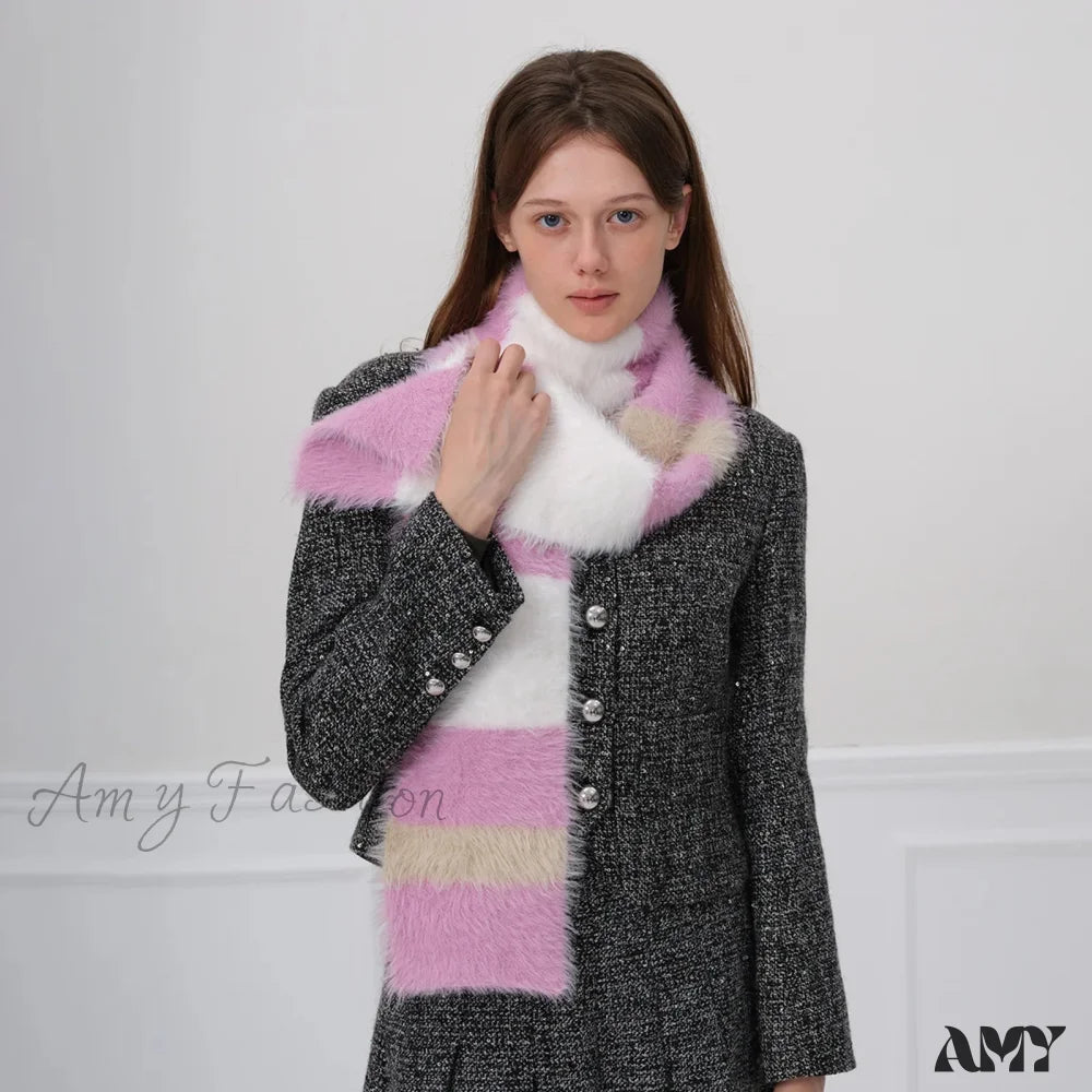 Korean Style Soft Warm Stripe Knitted Scarf For Autumn/Winter Pink And White / L173Cm W14Cm