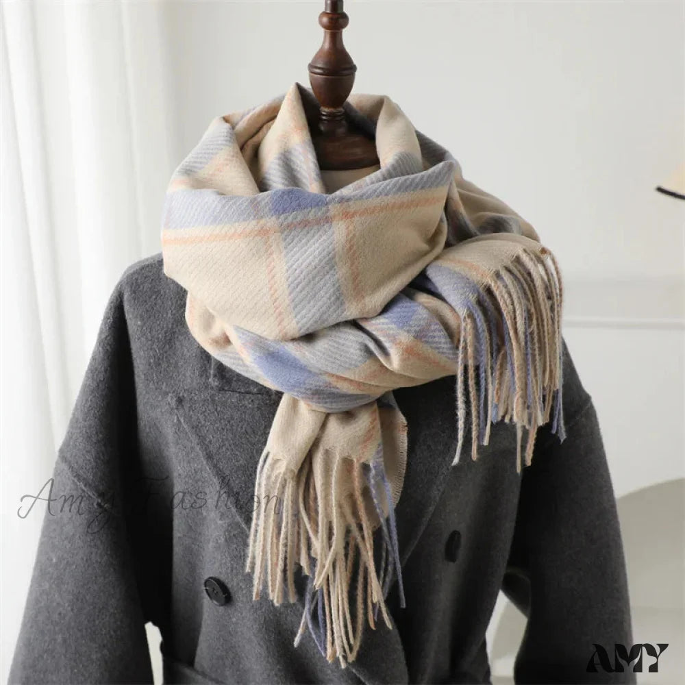 Korean Style Thick Warm Shawl Wrap Plaid Cashmere Blanket Scarf Beige