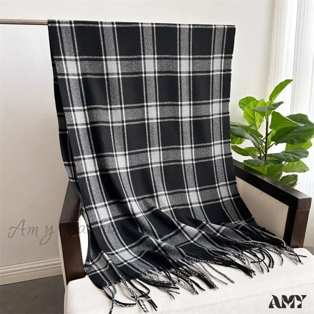 Korean Style Thick Warm Shawl Wrap Plaid Cashmere Blanket Scarf Black