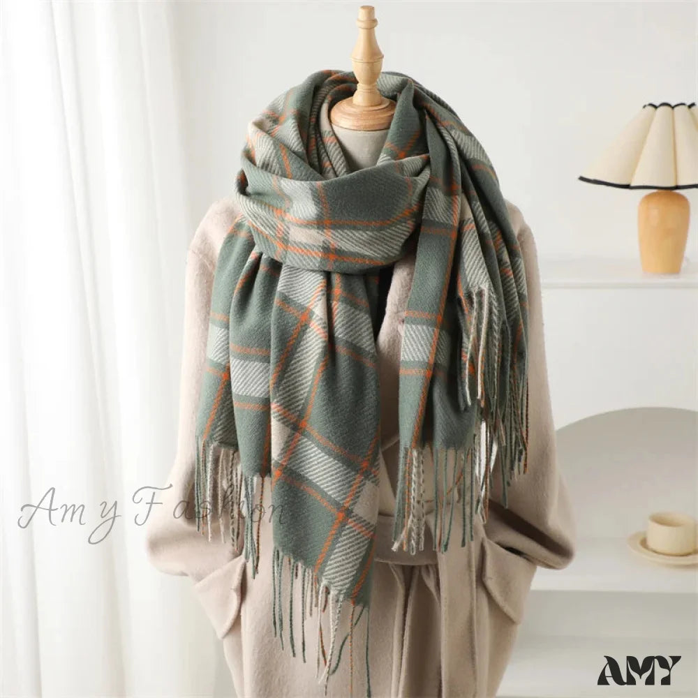 Korean Style Thick Warm Shawl Wrap Plaid Cashmere Blanket Scarf Green