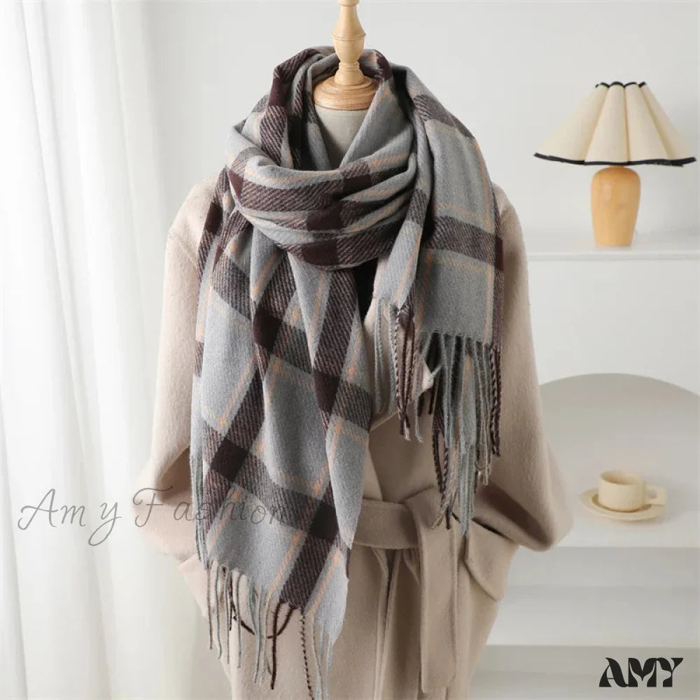 Korean Style Thick Warm Shawl Wrap Plaid Cashmere Blanket Scarf Light Brown