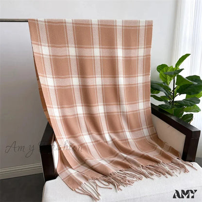 Korean Style Thick Warm Shawl Wrap Plaid Cashmere Blanket Scarf Orange