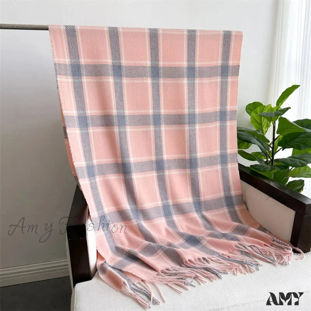 Korean Style Thick Warm Shawl Wrap Plaid Cashmere Blanket Scarf Pink