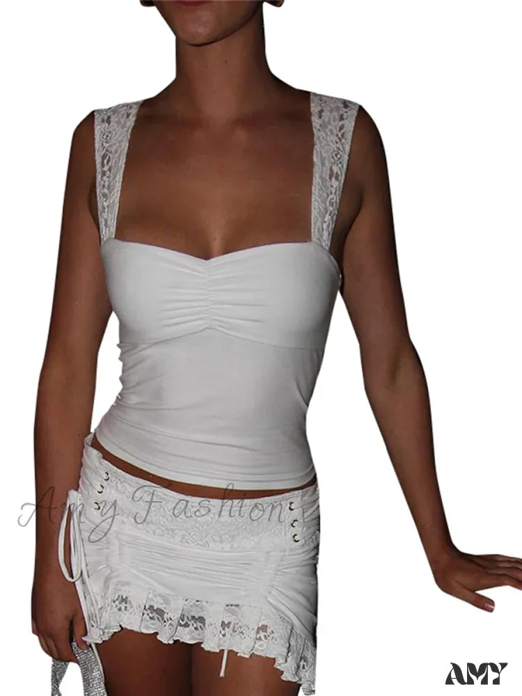 Lace High Elasticity Solid Color Sleeveless Slimming Square Neck Shrink Pleated Backless Crop Top