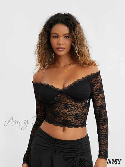 Lace Off Shoulder Long Sleeve Spicy Girl Sexy Soild Crop Top