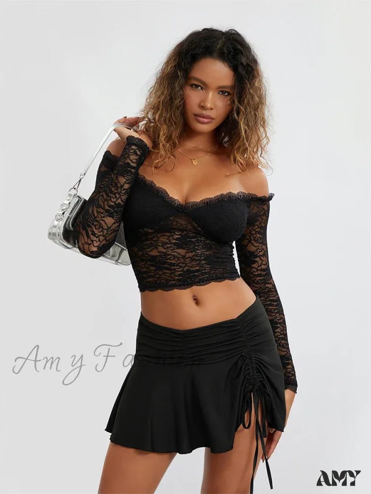 Lace Off Shoulder Long Sleeve Spicy Girl Sexy Soild Crop Top