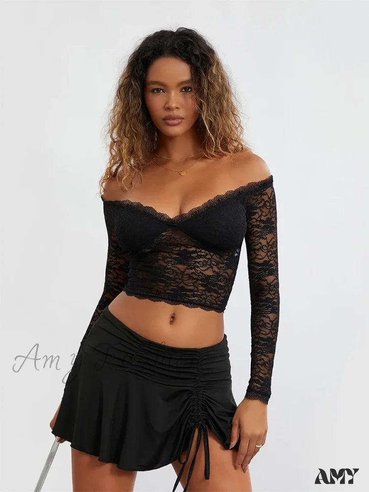 Lace Off Shoulder Long Sleeve Spicy Girl Sexy Soild Crop Top