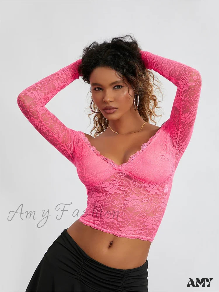 Lace Off Shoulder Long Sleeve Spicy Girl Sexy Soild Crop Top Rose Red / S