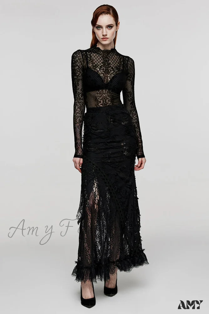 Lace Ripped Skirt Dark Hallowmas Feel Women’s Black Knit Club Long Gothic Black / Xs-S