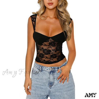 Lace Sheer See Through Sleeveless Cropped Mesh Vest Evening Party Clubwear Crop Top Black / S