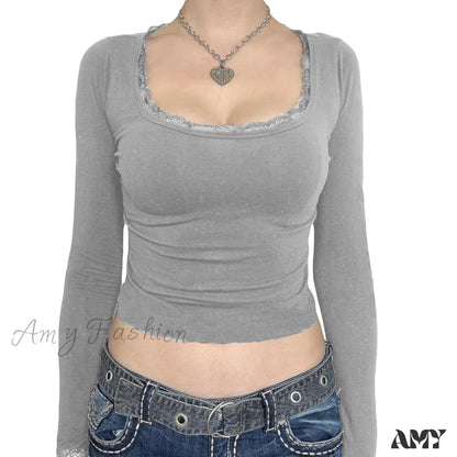 Lace Trim Casual Slim Fit Fairy Grunge Aesthetic Long Sleeve Crop Top Gray / S