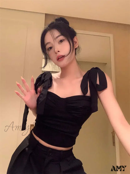 Lace-Up Vintage Black Chic Party All-Match Slim Cozy Y2K Ins Fashion Holiday Crop Top