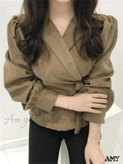 Lace-Up Vintage V-Neck Long Sleeve Elegant Slims Blouse