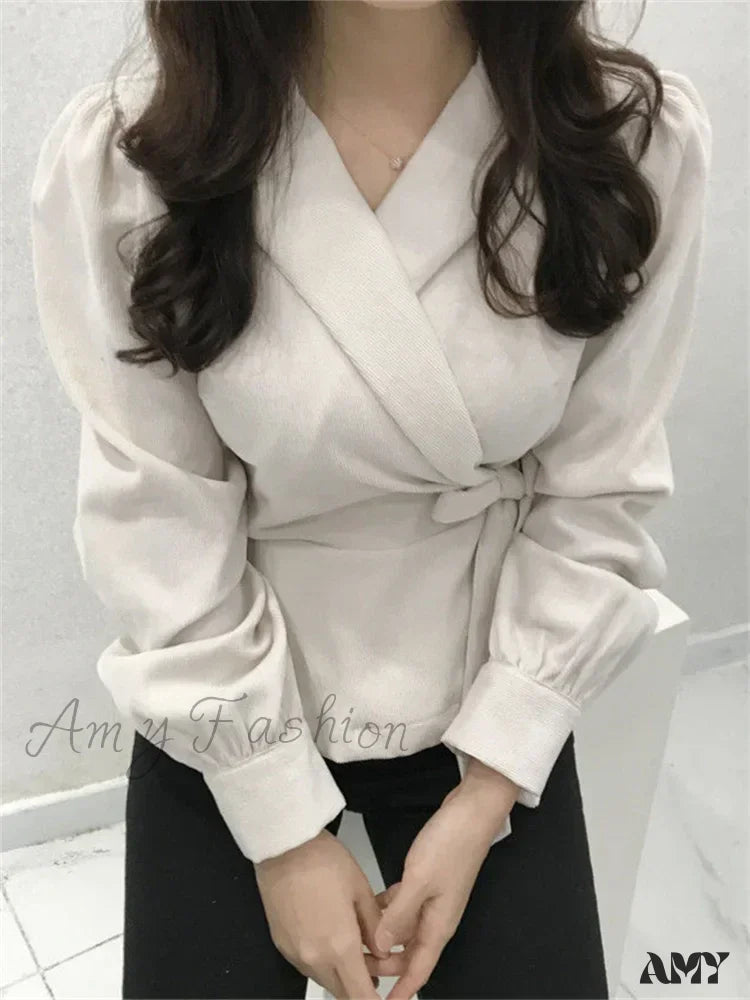 Lace-Up Vintage V-Neck Long Sleeve Elegant Slims Blouse Apricot / S