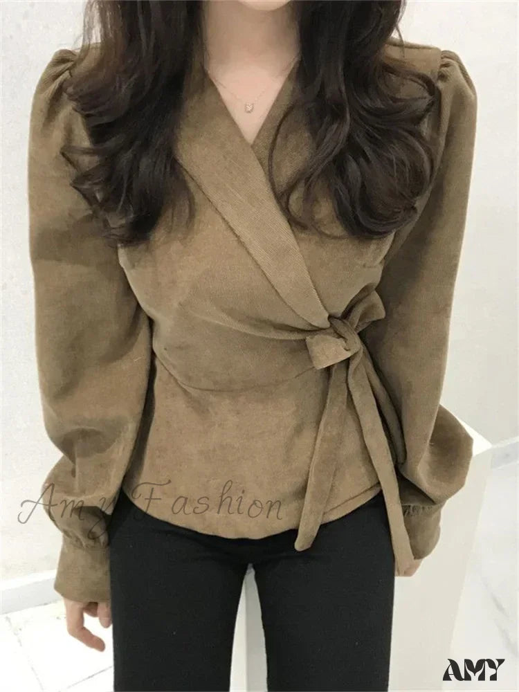 Lace-Up Vintage V-Neck Long Sleeve Elegant Slims Blouse Khaki / S