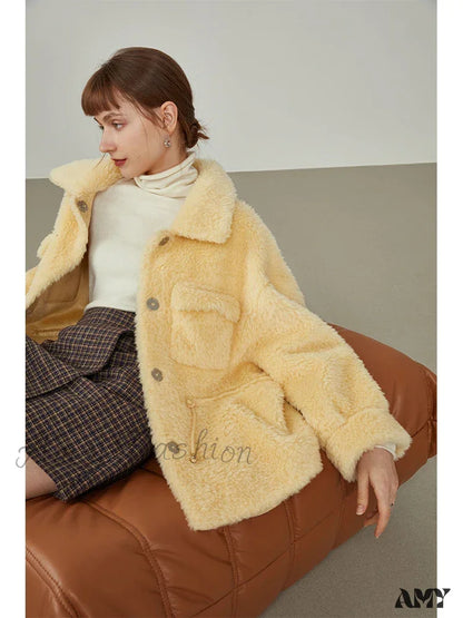 Lamb Fur Autumn Winter Imitation Short Yellow Jacket