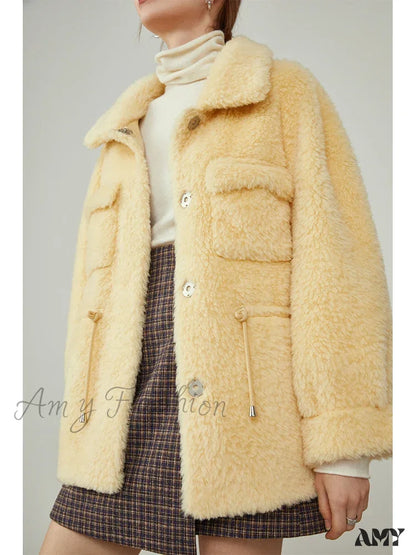 Lamb Fur Autumn Winter Imitation Short Yellow Jacket