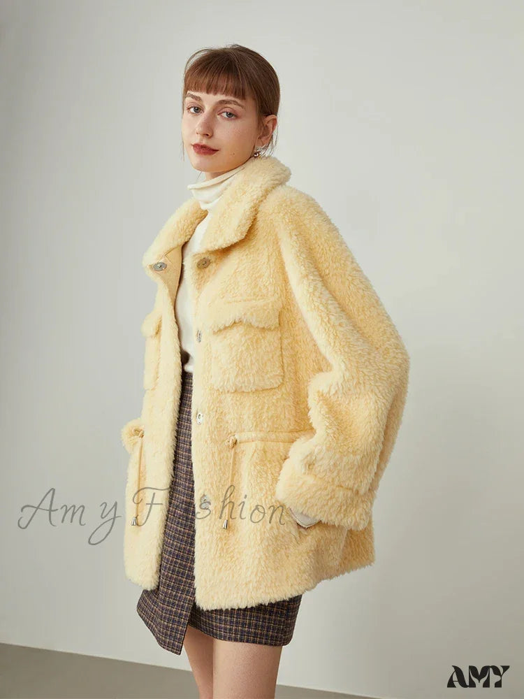 Lamb Fur Autumn Winter Imitation Short Yellow Jacket / S