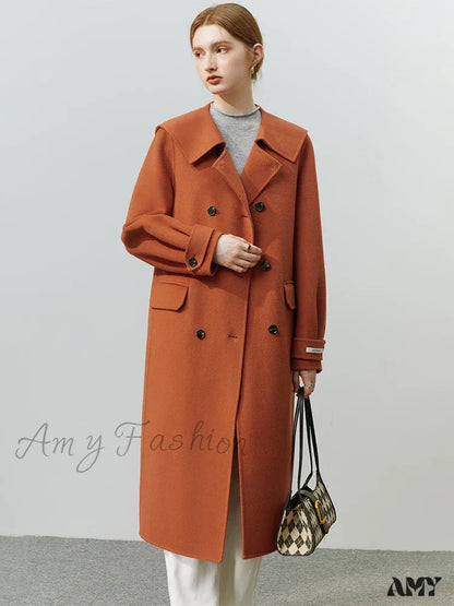 Lapel Navy Collar Long Double-Breasted Office Lady Woolen Coat