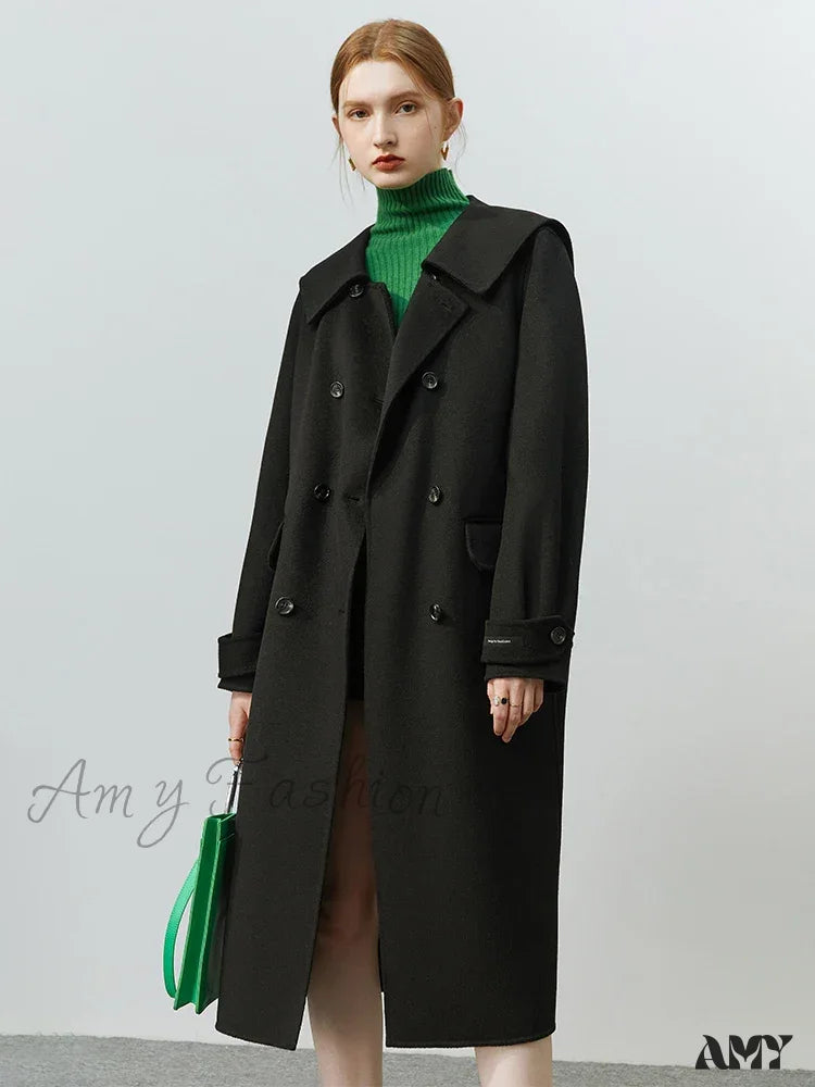 Lapel Navy Collar Long Double-Breasted Office Lady Woolen Coat