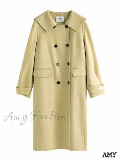 Lapel Navy Collar Long Double-Breasted Office Lady Woolen Coat