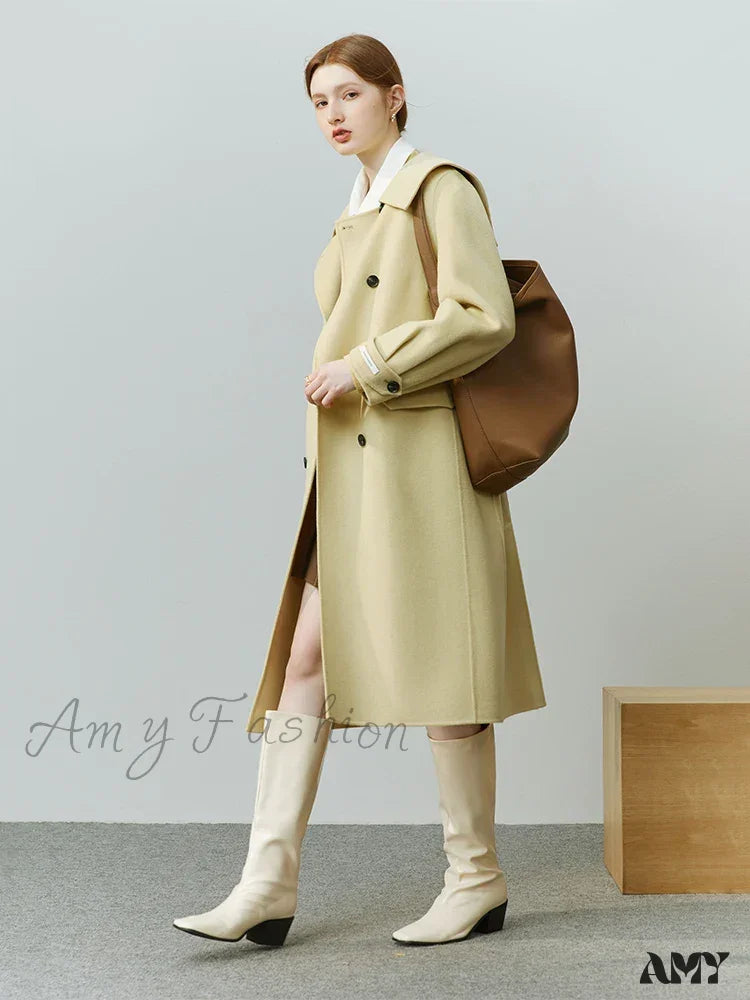 Lapel Navy Collar Long Double-Breasted Office Lady Woolen Coat Yellow / S