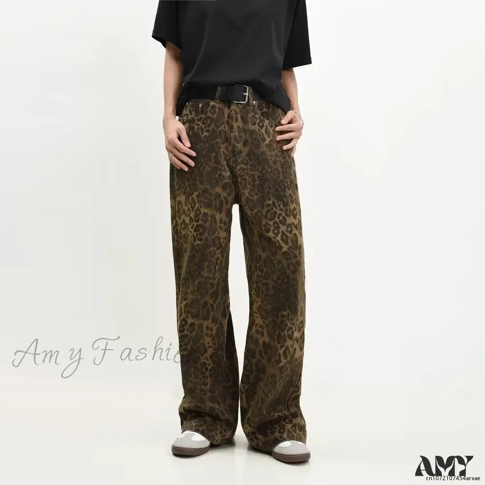 Leopard Print Retro Straight Tube Baggy Fashion Y2K New Winter Jeans