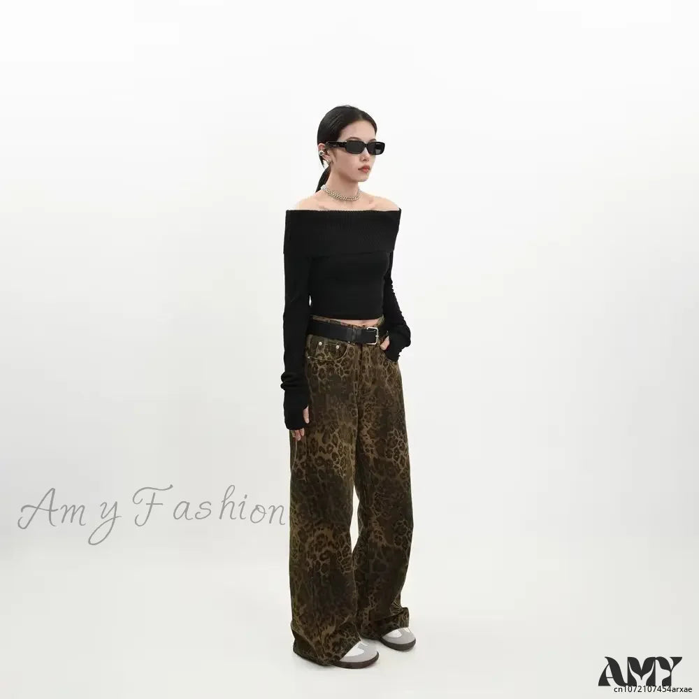 Leopard Print Retro Straight Tube Baggy Fashion Y2K New Winter Jeans