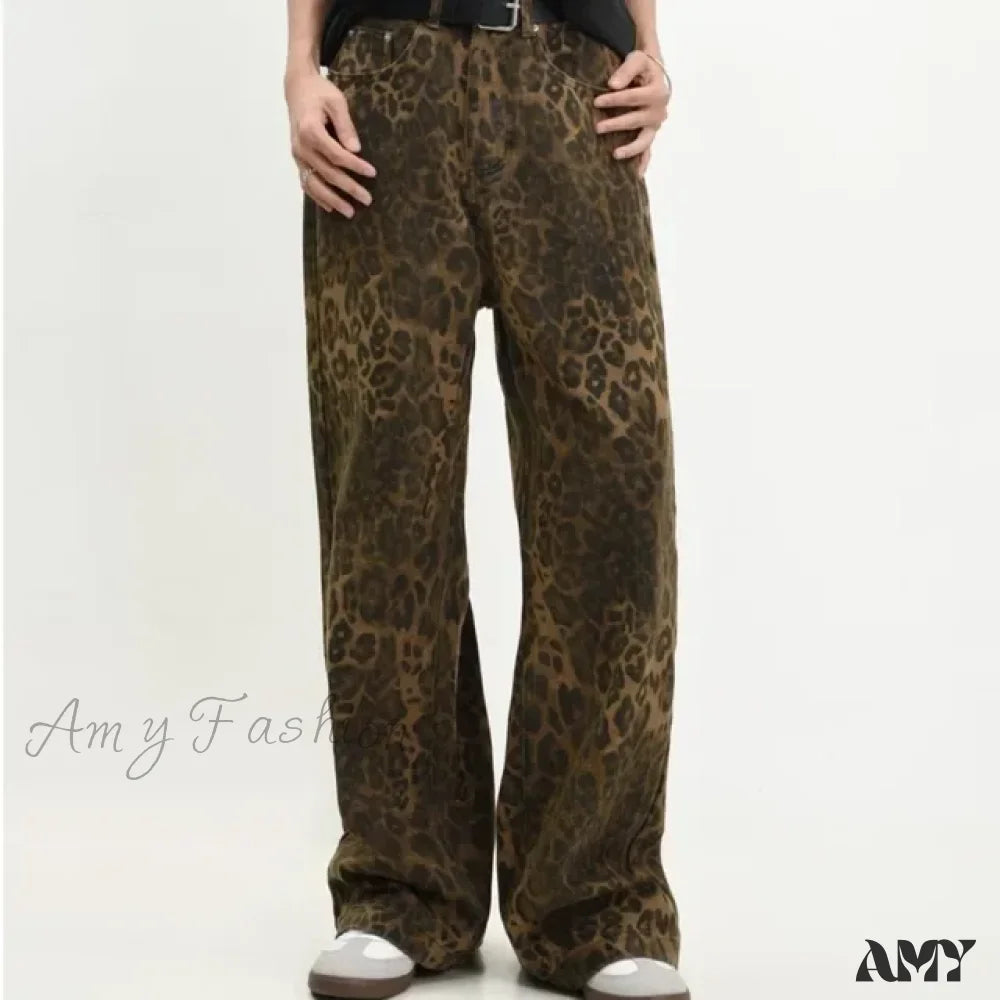 Leopard Print Retro Straight Tube Baggy Fashion Y2K New Winter Jeans Leopard / S