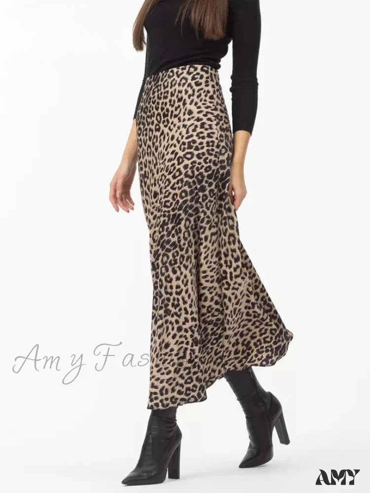 Leopard Printed Long Summer Elegant High Waist Satin Silk A-Line Skirt