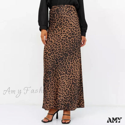 Leopard Printed Long Summer Elegant High Waist Satin Silk A-Line Skirt Brown / S