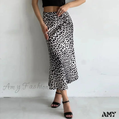 Leopard Printed Long Summer Elegant High Waist Satin Silk A-Line Skirt White / S