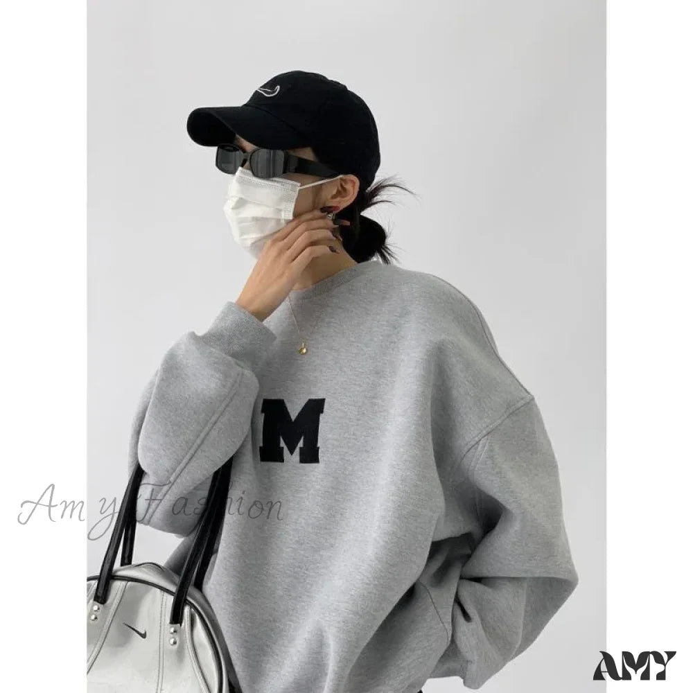 Letter Embroidery Oversize Long Sleeve Loose Streetwear Hoodie