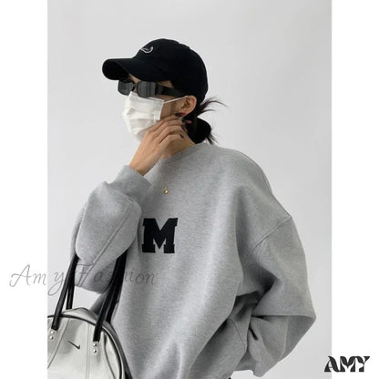 Letter Embroidery Oversize Long Sleeve Loose Streetwear Hoodie