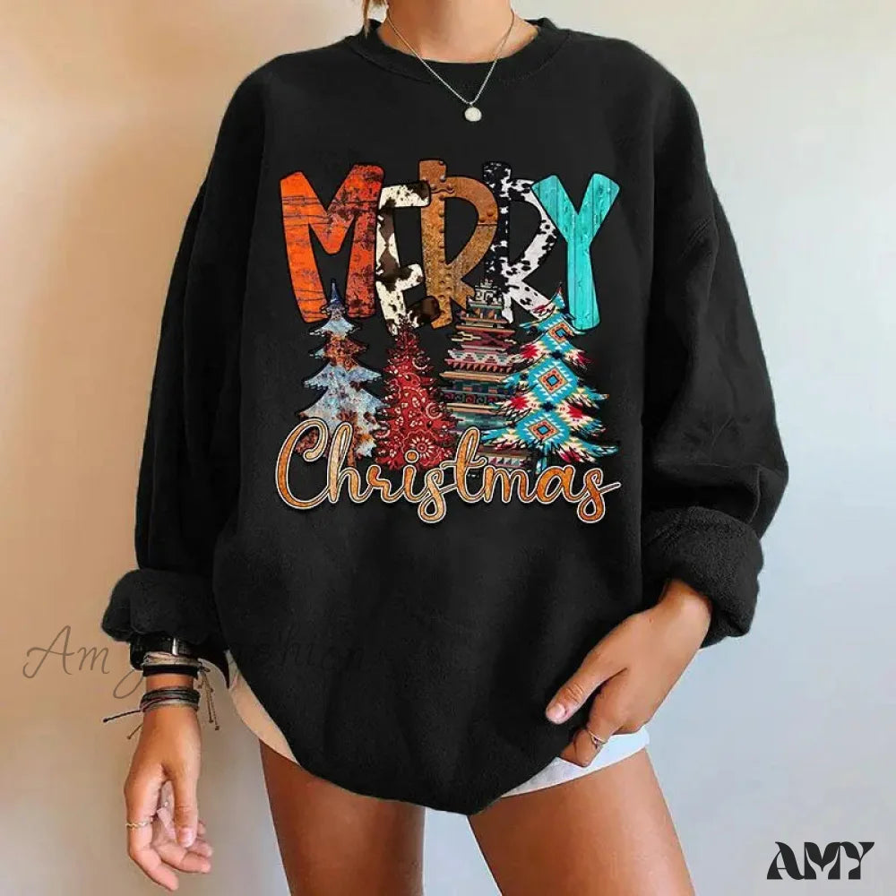 Letter Tree Print Round Neck Fleece Anime Christmas Hoodie - Large Size Black / S