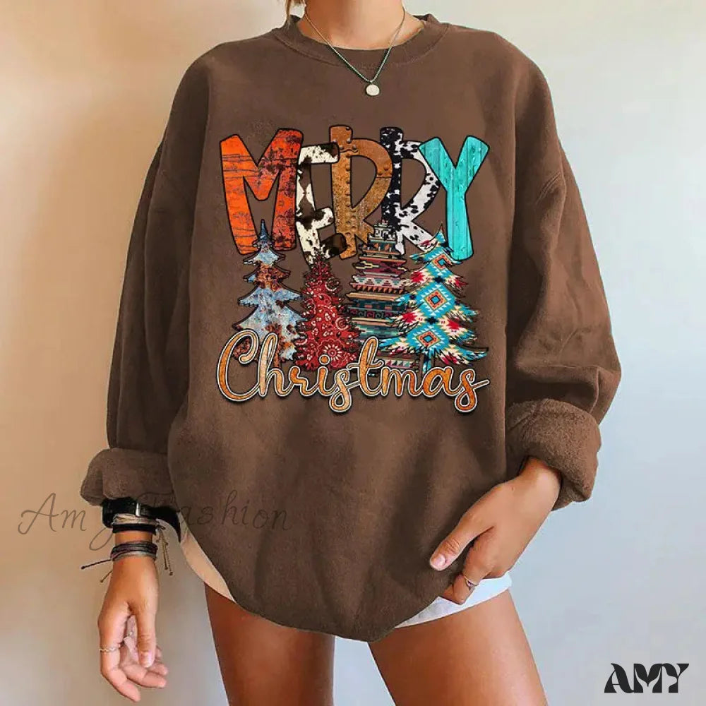 Letter Tree Print Round Neck Fleece Anime Christmas Hoodie - Large Size Coffee / S