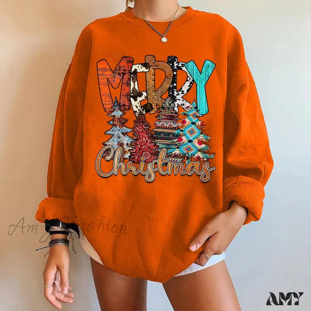 Letter Tree Print Round Neck Fleece Anime Christmas Hoodie - Large Size Orange / S