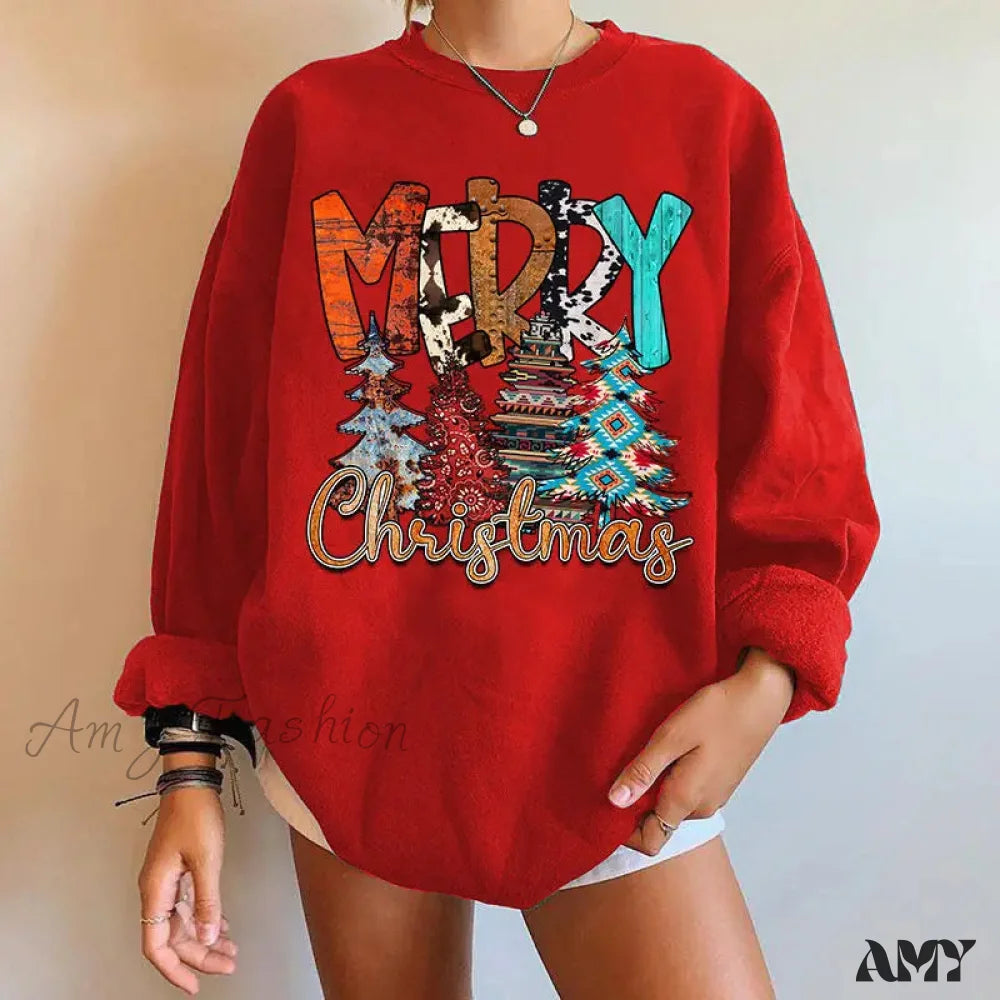 Letter Tree Print Round Neck Fleece Anime Christmas Hoodie - Large Size Red / S