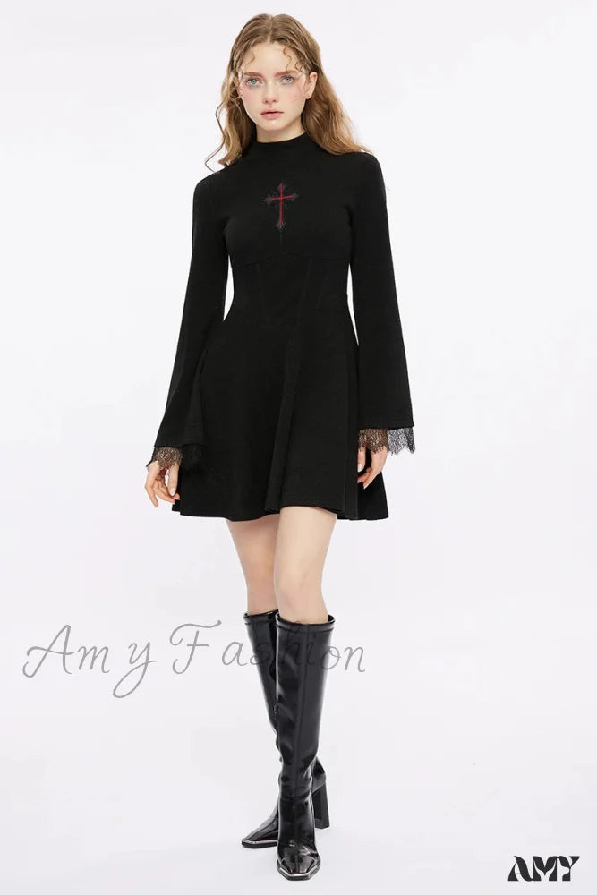 Light Cross Embroidered Basic A Line Flared Cuffs Lace Decorated Sexy Black Gothic Dress