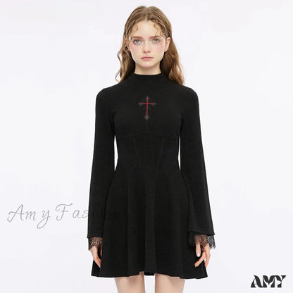 Light Cross Embroidered Basic A Line Flared Cuffs Lace Decorated Sexy Black Gothic Dress Black /