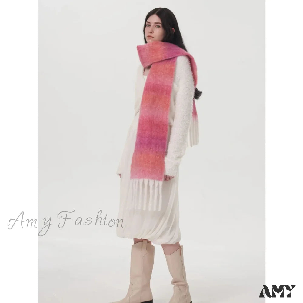 Light Luxury Gradient Color Wool Striped Fringed Mohair Scarf