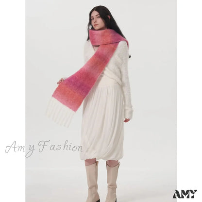 Light Luxury Gradient Color Wool Striped Fringed Mohair Scarf