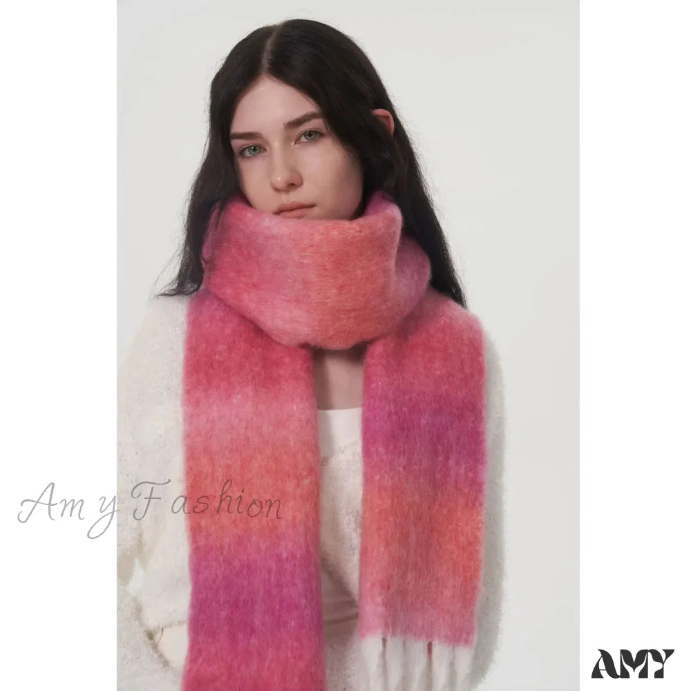 Light Luxury Gradient Color Wool Striped Fringed Mohair Scarf