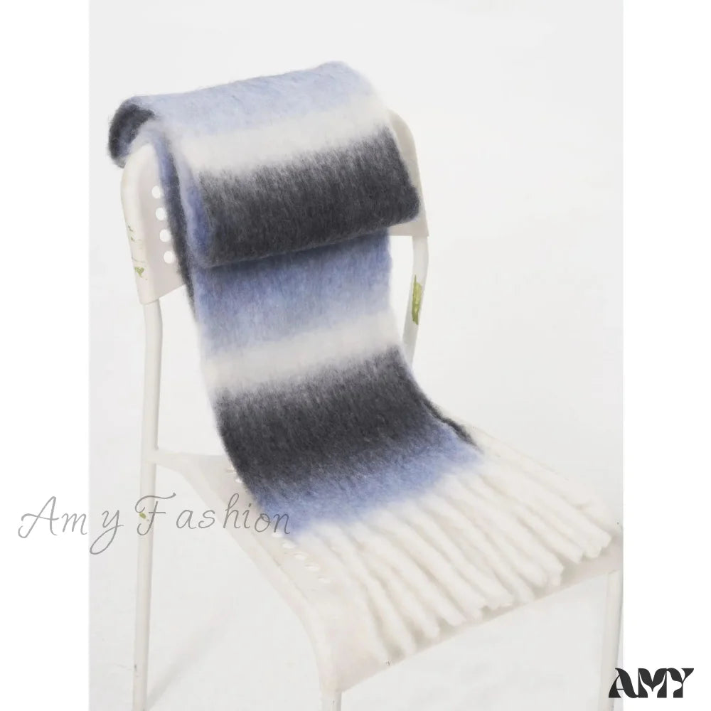 Light Luxury Gradient Color Wool Striped Fringed Mohair Scarf Black White Blue / L221Cm W24Cm