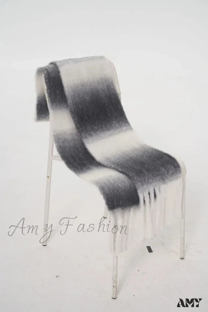 Light Luxury Gradient Color Wool Striped Fringed Mohair Scarf Black White Grey / L221Cm W24Cm